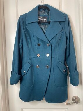 Guess Teal Double-Breasted Wool-Blend Peacoat
